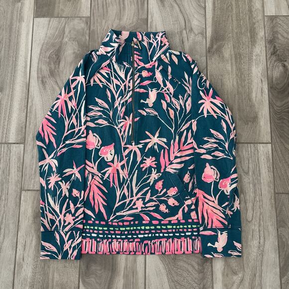 Lilly Pulitzer Green Pink Half Zip Popover Pullover Top Cotton Blend Sz M Floral - Picture 1 of 9